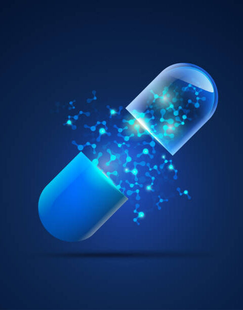 concept of health care technology, graphic of realistic transparent pill with abstract futuristic DNA inside